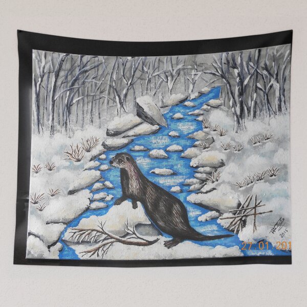 Item preview, snowy landscape with otter on river designed and sold by janjacbu.
