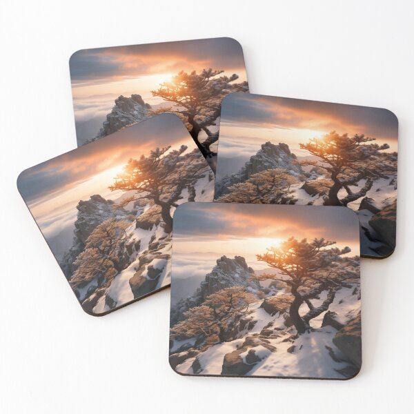 Item preview, Hazy sunset mountains in snow with lonely tree - Landscape photography designed and sold by TheArtistOf2022.