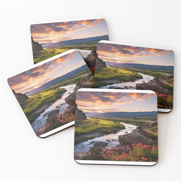 Item preview, Misty fields of flowers with river at sunset long exposure - Landscape photography designed and sold by TheArtistOf2022.