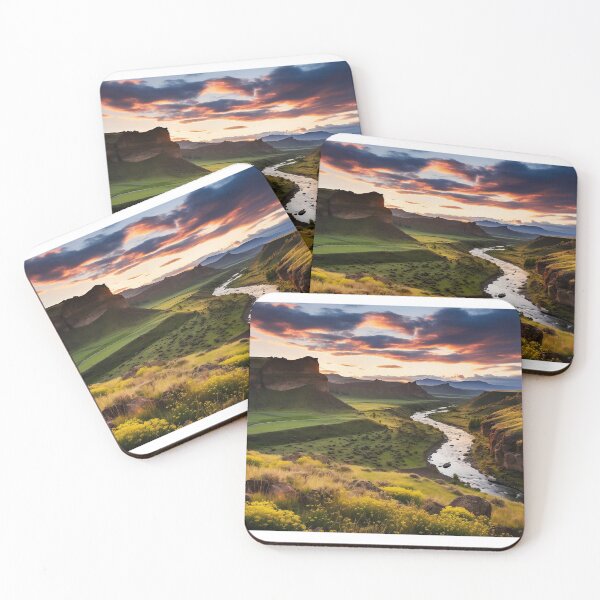 Item preview, Misty fields of flowers with river at sunset long exposure - Landscape photography designed and sold by TheArtistOf2022.