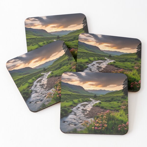 Item preview, Misty fields of flowers with river at sunset long exposure - Landscape photography designed and sold by TheArtistOf2022.
