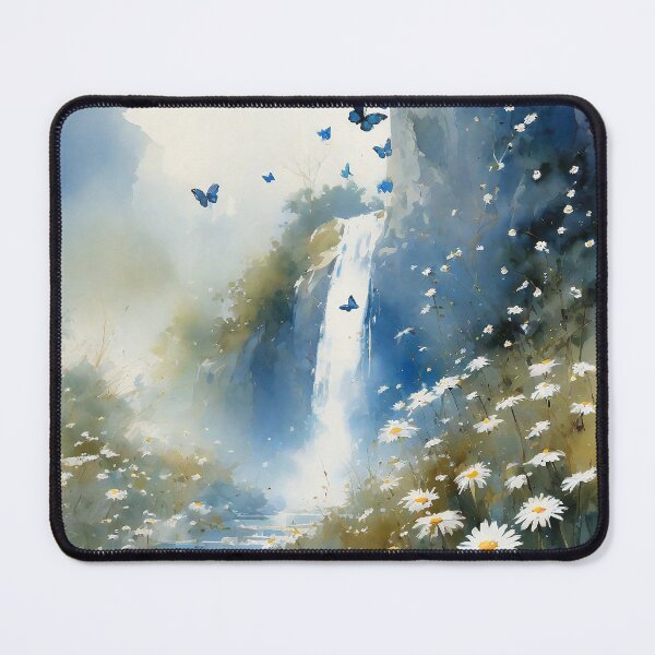 Artikelvorschau, Schmetterlingsgarten mit Wasserfall, Gänseblümchen und langem Gras, Aquarell, Impressionismus entworfen und verkauft von boyangyang.