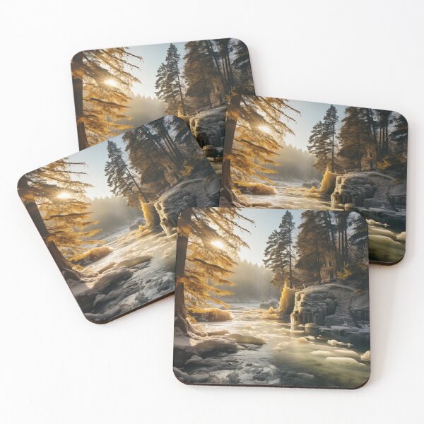 Item preview, Misty forest in Winter snow at sunset with river long exposure - Landscape photography designed and sold by TheArtistOf2022.