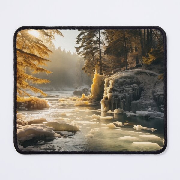 Item preview, Misty forest in Winter snow at sunset with river long exposure - Landscape photography designed and sold by TheArtistOf2022.