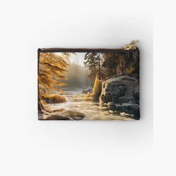 Item preview, Misty forest in Winter snow at sunset with river long exposure - Landscape photography designed and sold by TheArtistOf2022.