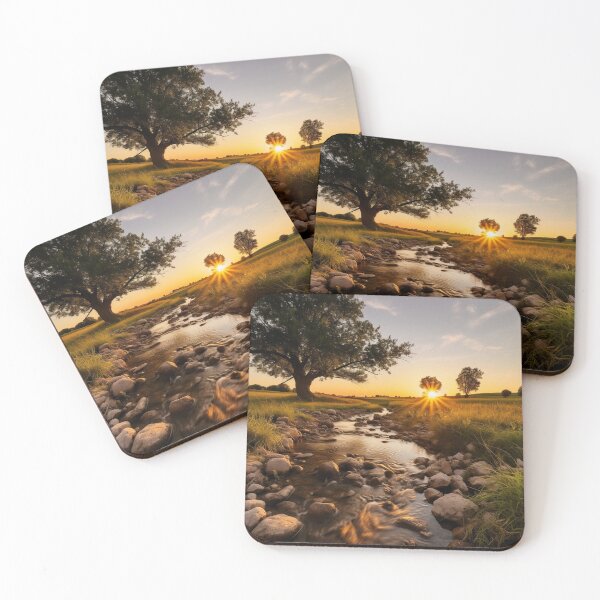 Item preview, Misty fields of flowers with river at sunset long exposure - Landscape photography designed and sold by TheArtistOf2022.