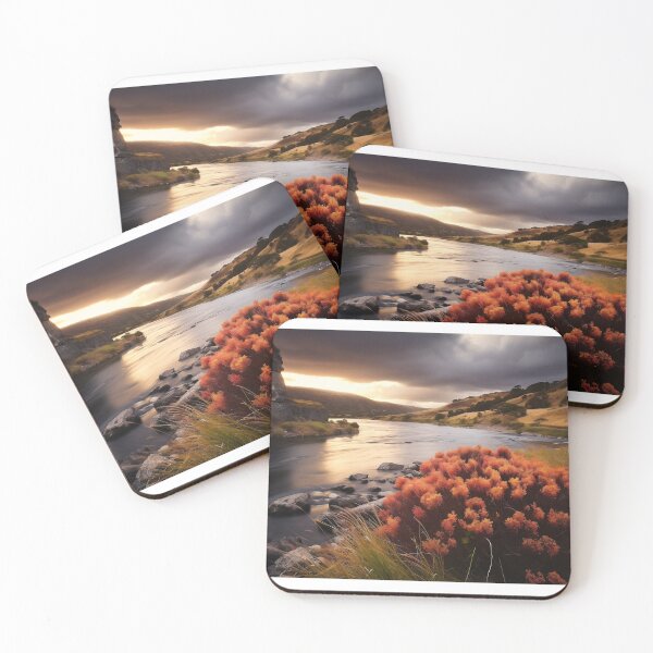 Item preview, Fields and hills of flowers with river at sunset - Landscape photography designed and sold by TheArtistOf2022.