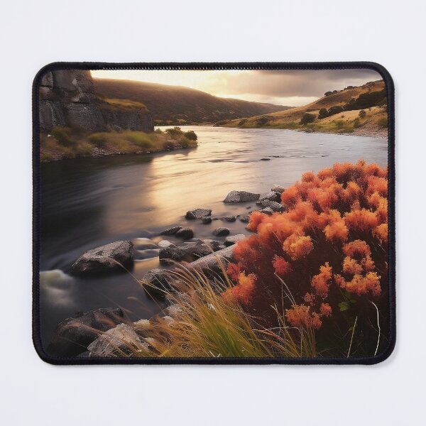 Item preview, Fields and hills of flowers with river at sunset - Landscape photography designed and sold by TheArtistOf2022.