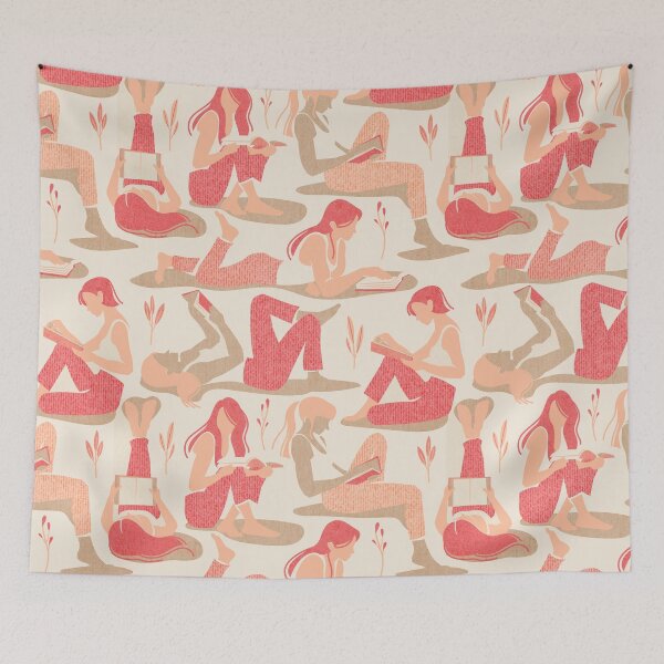 Item preview, Books are a girl's best friend // pristine beige background lovely happy women adopting many poses while reading featuring Peach Plethora palette and Peach Fuzz color of the year 2024 designed and sold by SelmaCardoso.