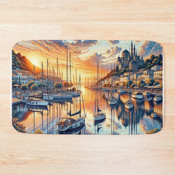 Item preview, Sailboats in the harbor in a city center sunset designed and sold by DesignMT.