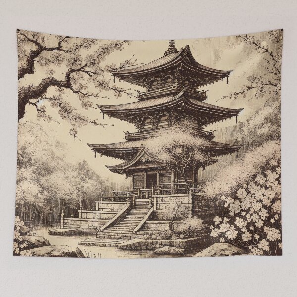 Item preview, Ancient Pagoda in Cherry Blossom Grove designed and sold by PictorialWhimsy.