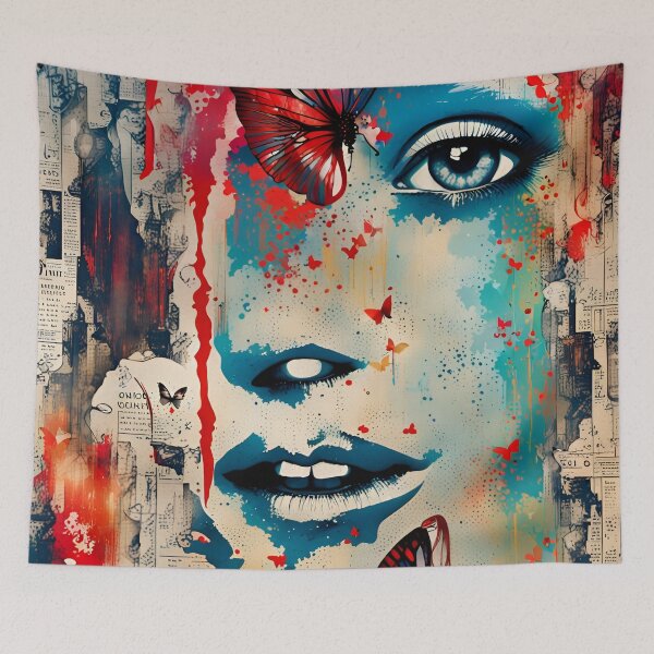 Item preview, Newspaper Collage of a Girl with Blue Makeup and Butterflies designed and sold by Bright-Moonrise.