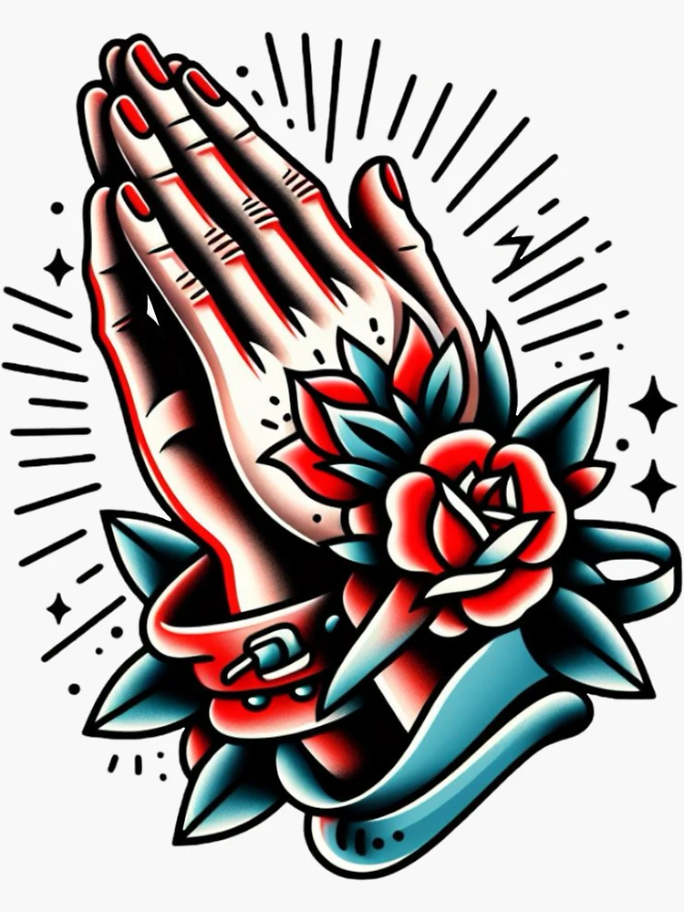 Praying Hands & Roses Flash Tattoo Art Design
