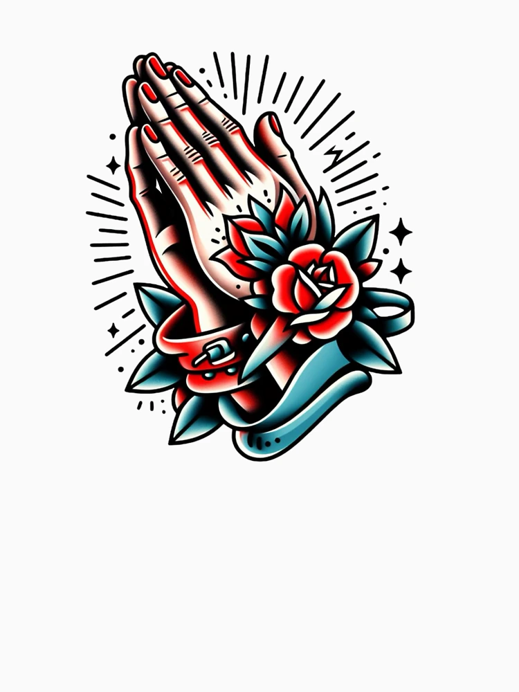 Praying Hands & Roses Flash Tattoo Art Design