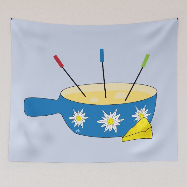 Item preview, Blue fondue pot doodle with edelweiss flowers designed and sold by iCraftCafe.