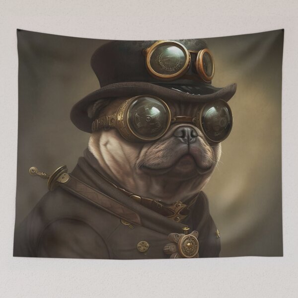 Item preview, SteamPunk Pug on Brown Vignette Background  designed and sold by Lisa Pearlman.