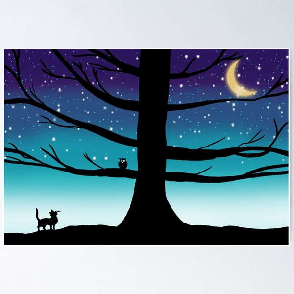 Artikelvorschau, Poster mit der Eule und dem Kätzchen, sternenklare Nacht bei Sonnenuntergang, blaue Version entworfen und verkauft von wrightsonarts.