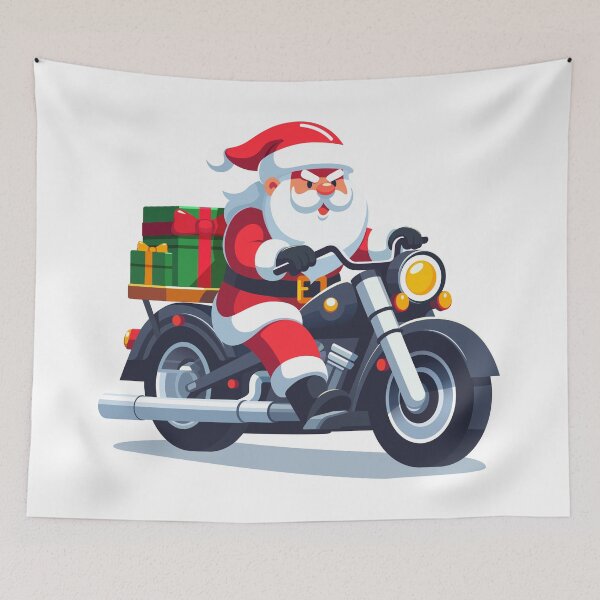 Aperçu de l'œuvre Style de dessin animé plat du Père Noël conduisant une moto pour livrer des cadeaux de Noël créée et vendue par Tony J.