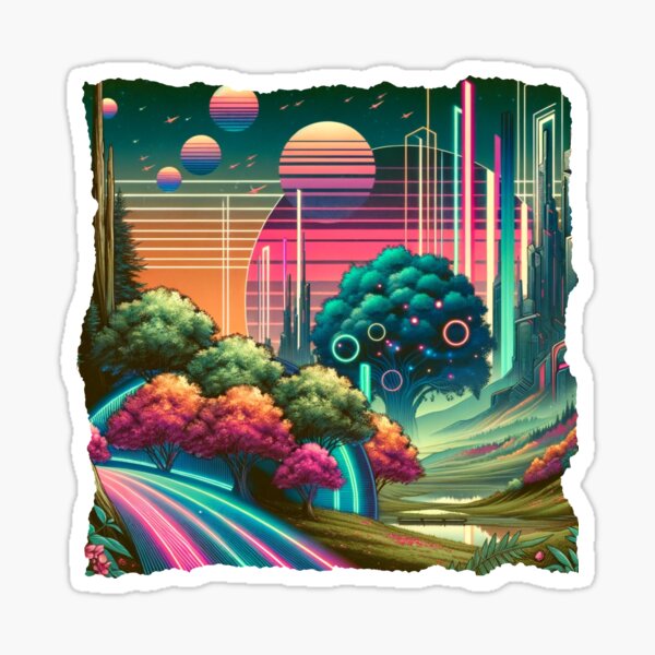 Item preview, Retro-Futuristische Natur: Eine Synthwave-Traumlandschaft designed and sold by ChromaticBlend.