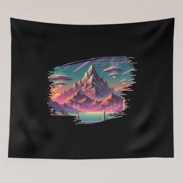Item preview, "Mountains of Tomorrow: A Cosmic Synthwave Vista" designed and sold by ChromaticBlend.