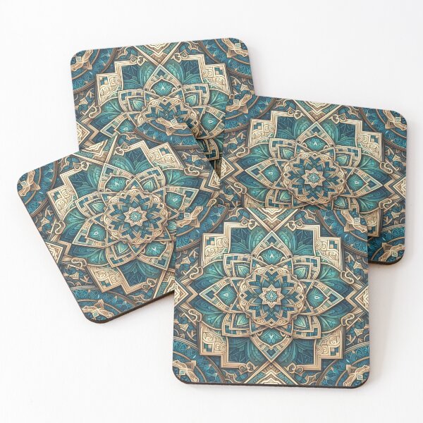Item preview, Mandala Sacred Geometry Blue Teal Green Gold Lotus Kaleidoscope  designed and sold by CoffeeIsATrip.
