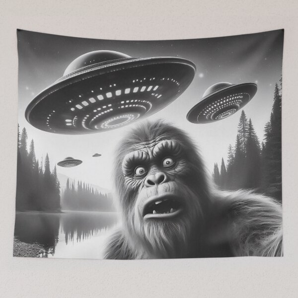 Item preview, Funny bigfoot sasquatch ufo selfie designed and sold by TomFrontierArt.