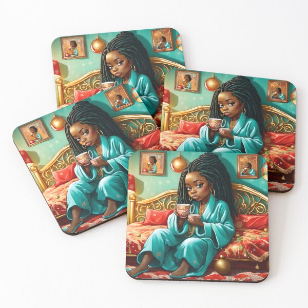 Item preview, Woman chibi style sits on the bed, Christmas mood, and drinks tea designed and sold by Kristin Nicole Charlott Wolf.