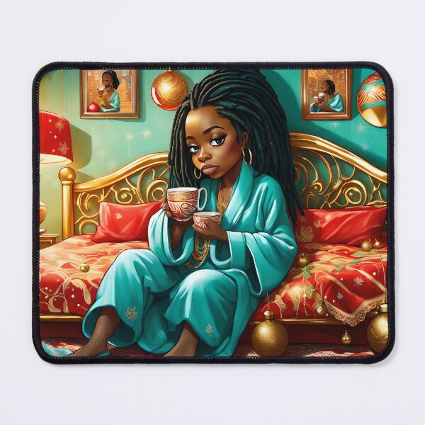 Item preview, Woman chibi style sits on the bed, Christmas mood, and drinks tea designed and sold by Kristin Nicole Charlott Wolf.