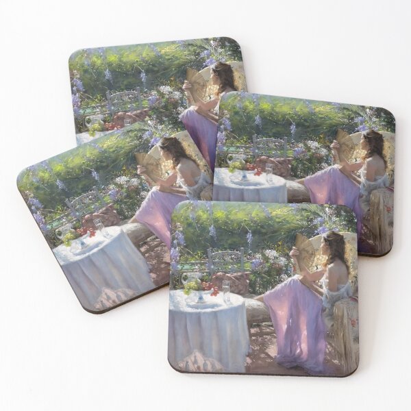 Item preview, In the garden with flowers, woman in white dress, sitting on a chair, waiving a fan, painting designed and sold by clon-dot-net.