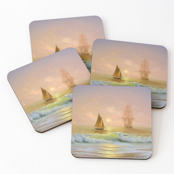 Item preview, Ship and boat at sunset, translucent waves at the front, painting designed and sold by clon-dot-net.