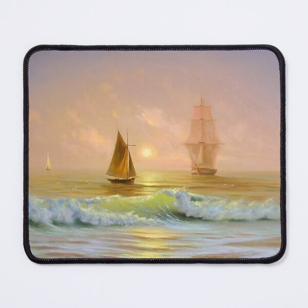 Item preview, Ship and boat at sunset, translucent waves at the front, painting designed and sold by clon-dot-net.