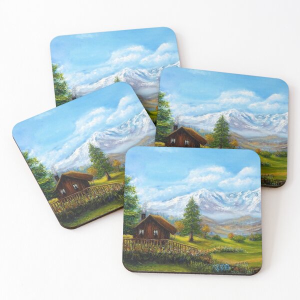 Item preview, Small hut in a green field under snowy mountains, painting designed and sold by clon-dot-net.