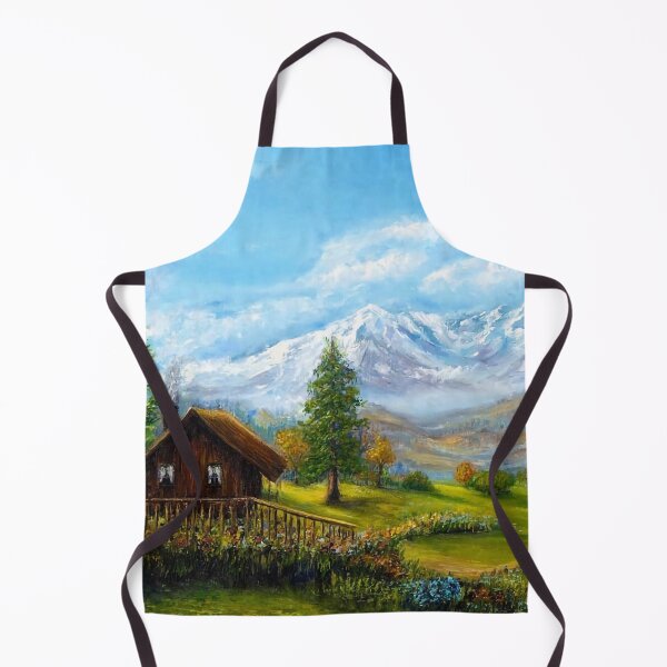 Item preview, Small hut in a green field under snowy mountains, painting designed and sold by clon-dot-net.