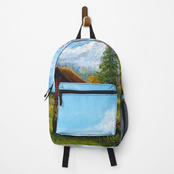 Item preview, Small hut in a green field under snowy mountains, painting designed and sold by clon-dot-net.