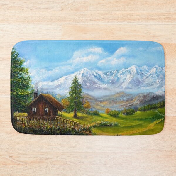 Item preview, Small hut in a green field under snowy mountains, painting designed and sold by clon-dot-net.