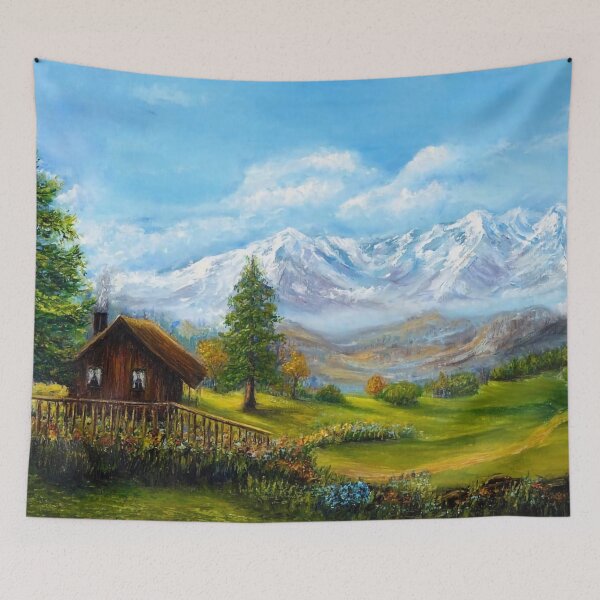 Item preview, Small hut in a green field under snowy mountains, painting designed and sold by clon-dot-net.