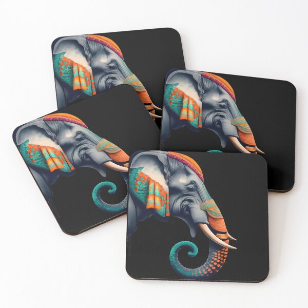 Item preview, Side view of elephant head decorated with orange and teal designed and sold by Ann Miu Deluxe.
