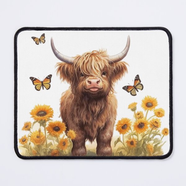 Aperçu de l'œuvre Jolie vache Highland dans un jardin de tournesols avec des papillons créée et vendue par Winarrts.