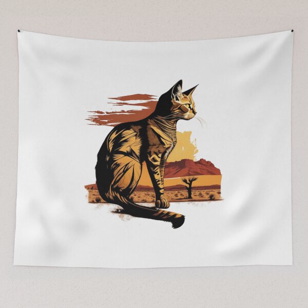 Item preview, Colorful cat sitting sandy surface possibly a desert or a beach designed and sold by BlueGoldArt.