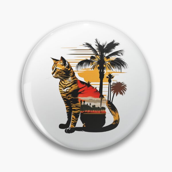 Item preview, Cat sitting in front of a tropical scene with palm trees designed and sold by BlueGoldArt.