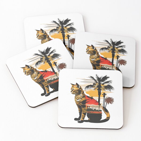 Item preview, Cat sitting in front of a tropical scene with palm trees designed and sold by BlueGoldArt.