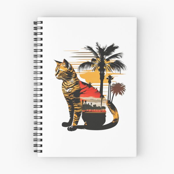 Item preview, Cat sitting in front of a tropical scene with palm trees designed and sold by BlueGoldArt.