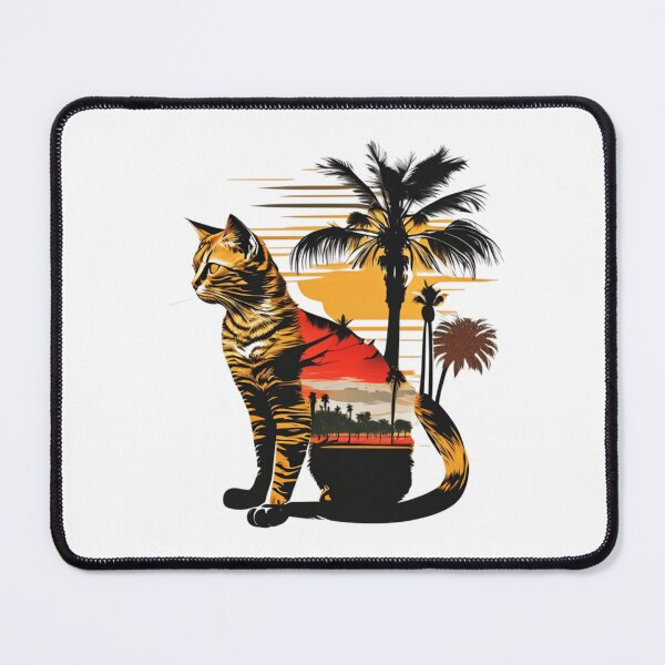 Item preview, Cat sitting in front of a tropical scene with palm trees designed and sold by BlueGoldArt.