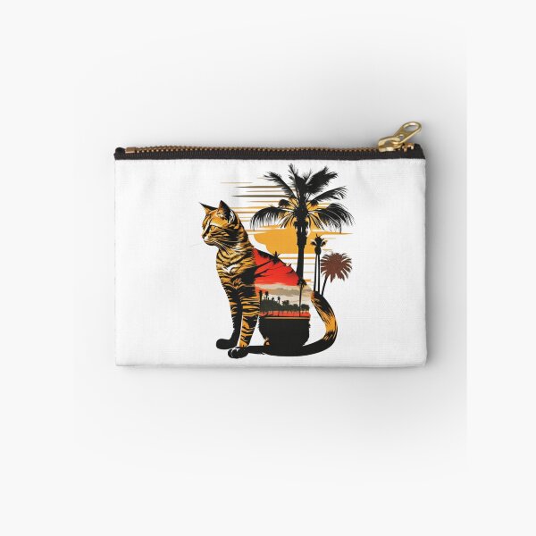 Item preview, Cat sitting in front of a tropical scene with palm trees designed and sold by BlueGoldArt.