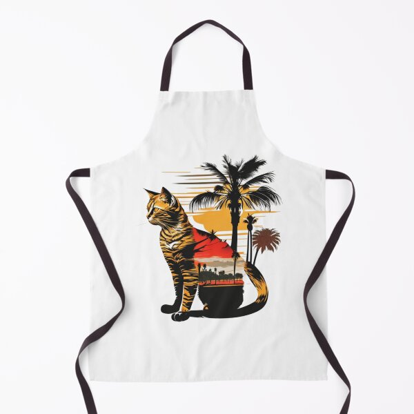 Item preview, Cat sitting in front of a tropical scene with palm trees designed and sold by BlueGoldArt.