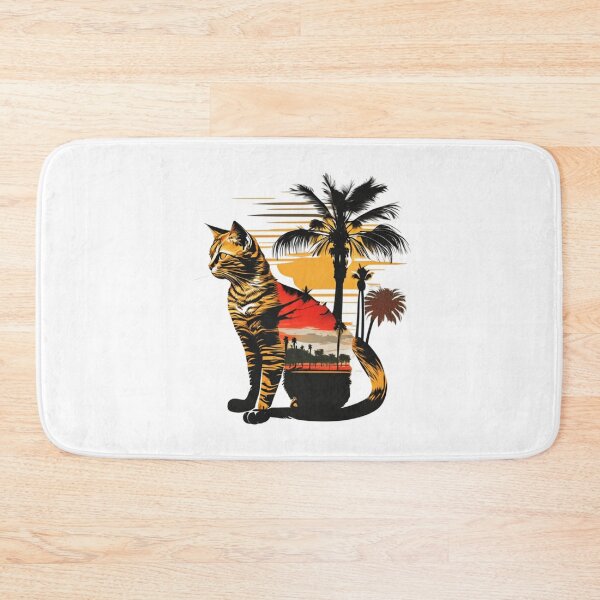 Item preview, Cat sitting in front of a tropical scene with palm trees designed and sold by BlueGoldArt.