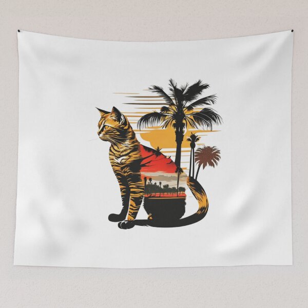 Item preview, Cat sitting in front of a tropical scene with palm trees designed and sold by BlueGoldArt.