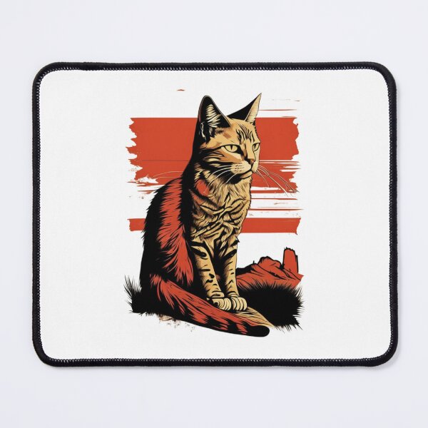 Item preview, Focused cat sitting on vibrant red background, looking designed and sold by BlueGoldArt.