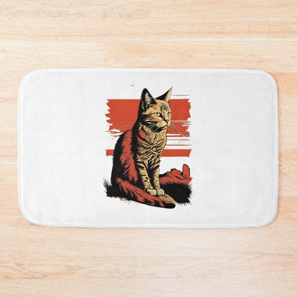 Item preview, Focused cat sitting on vibrant red background, looking designed and sold by BlueGoldArt.