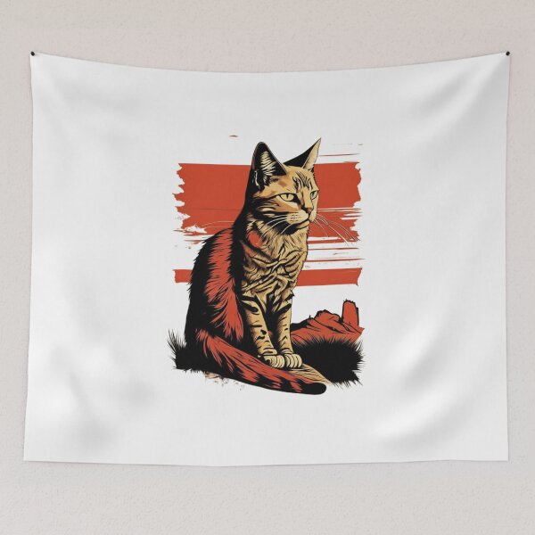 Item preview, Focused cat sitting on vibrant red background, looking designed and sold by BlueGoldArt.